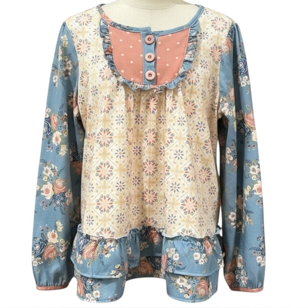 Matilda Jane Girls 10 Patchwork Floral Long Sleeve Ruffled Hem Blouse Boho